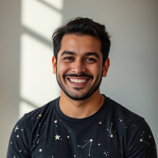 Foto de Rafael Almeida, fundador da Camisetas Estelares, sorrindo e vestindo uma camiseta com estampa de constela√§√£o.