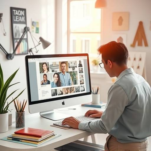 Ilustra√§√£o do processo de design, mostrando um designer criando uma estampa em um computador.