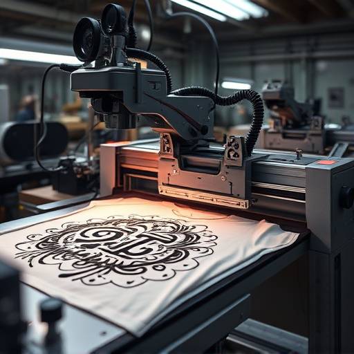 Ilustra√§√£o do processo de impress√£o, mostrando uma m√°quina de serigrafia imprimindo uma estampa em uma camiseta.